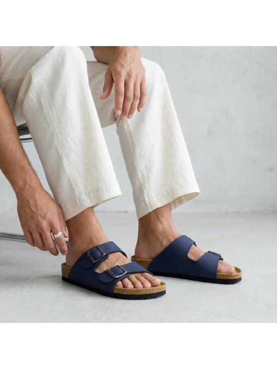 Men\'s Navy Nubuck Lane Cork Footbed Sandals Adjustable Buckle Comfort Slides